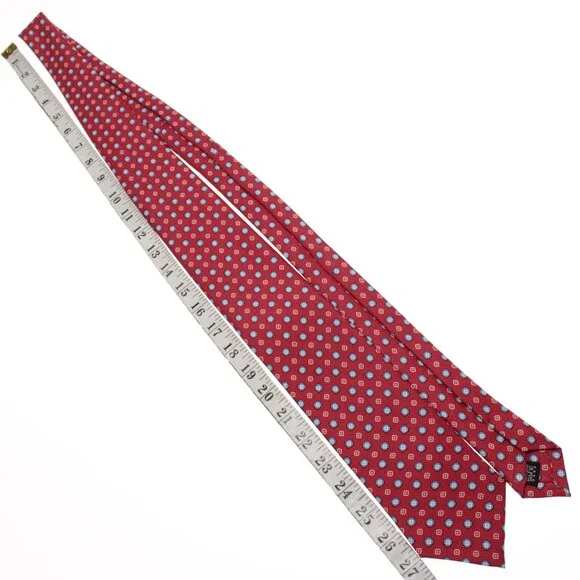 Drake's NWT Neck Tie in Red with Light Blue & White Geometric Pattern 100% Silk